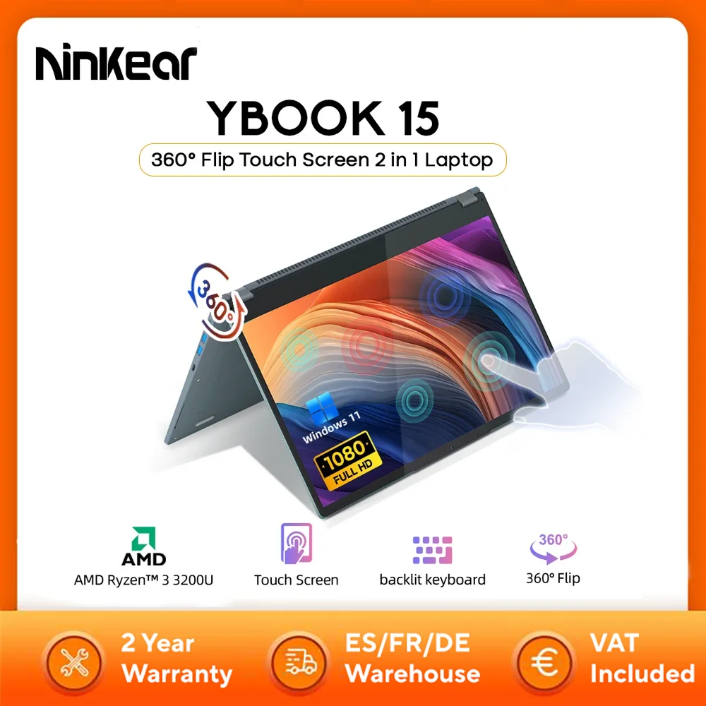 Ninkear YBOOK15 Laptop 2 in 1 360° flip 15.6' FHD IPS Touch Screen Tablet AMD Ryzen™ 3 3200U 16G DDR4+512GB SSD Windows 11 Pro