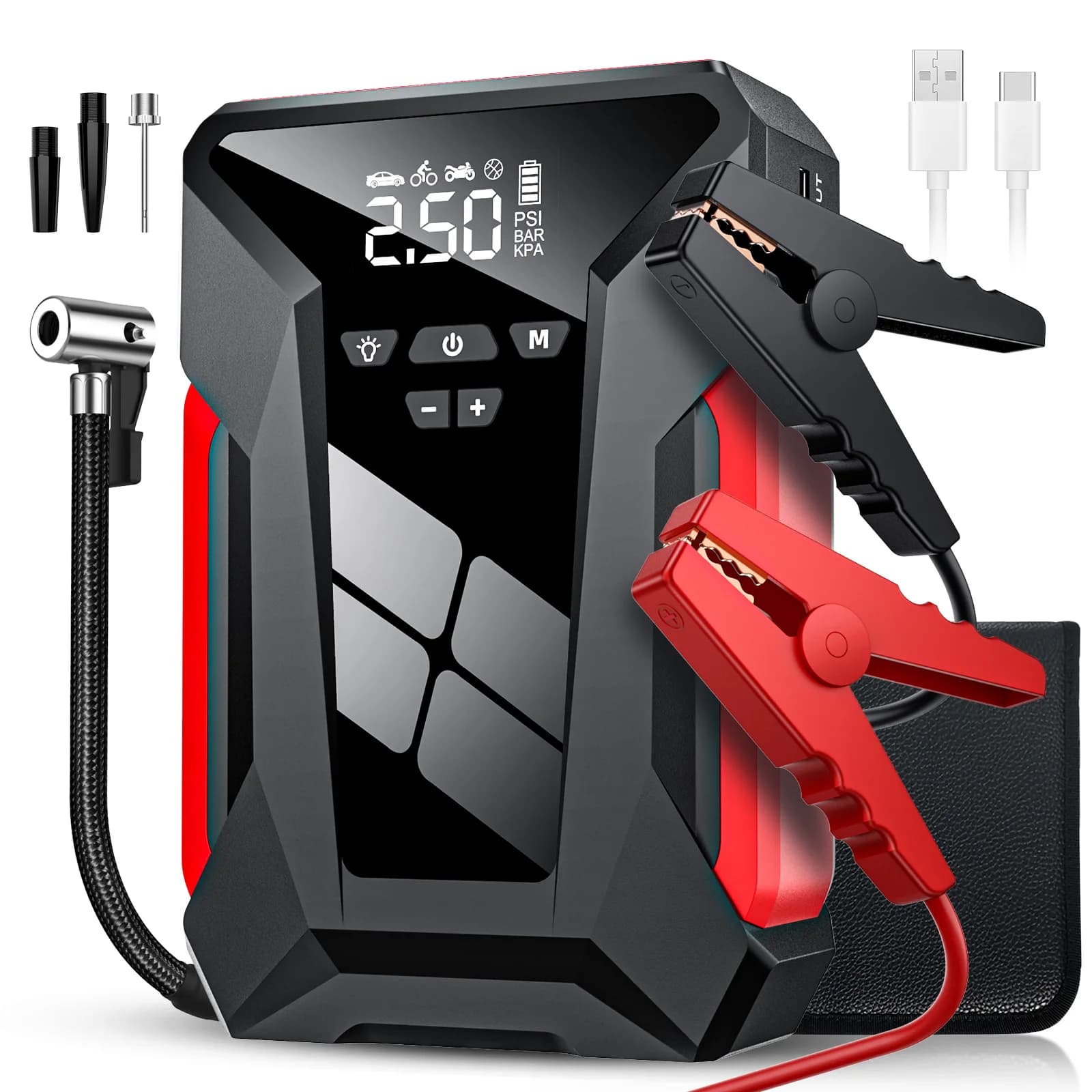 4-in-1 Car Jump Starter 1200A Peak Current 10000mAh 150PSI Air Compressor LED Flashlight 12V Auto Emergency Power Bank Tire Inflator for Gas & Diesel Vehicles