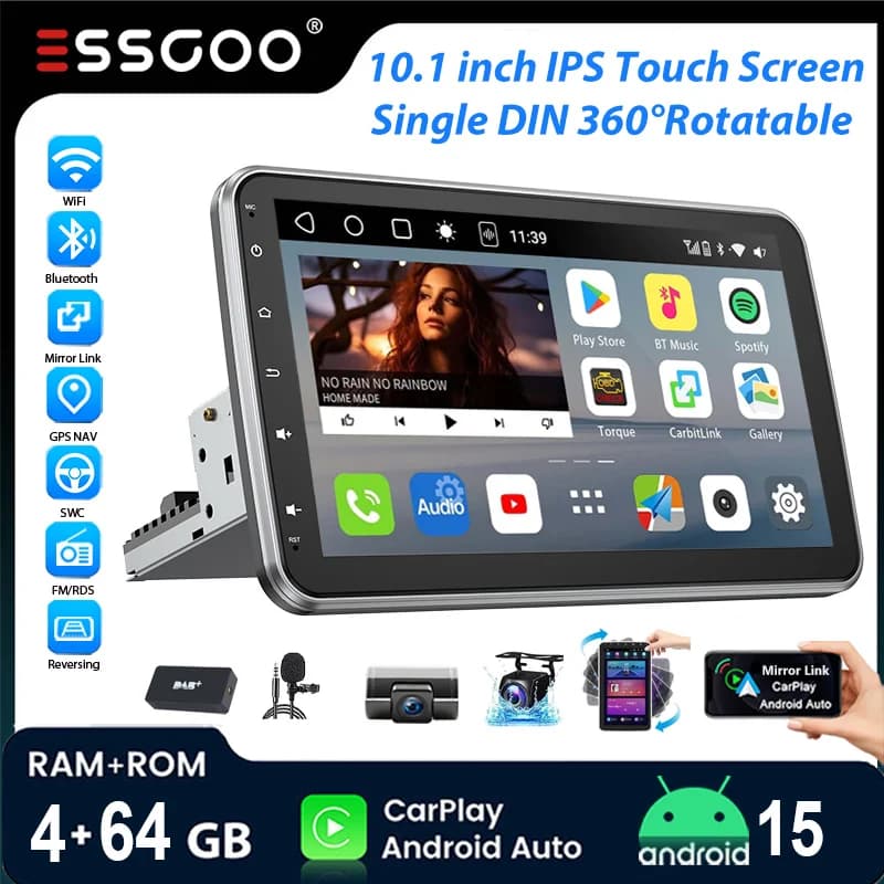 ESSGOO 10.1"Android15 4+64G 360°Rotatable 1 DIN Universal Car Stereo Radio with mic Wireless Carplay Android Auto GPS NAVI RDS FM WIFI Bluetooth Mirror Link steering wheel control TouchScreen Multimedia Video Player