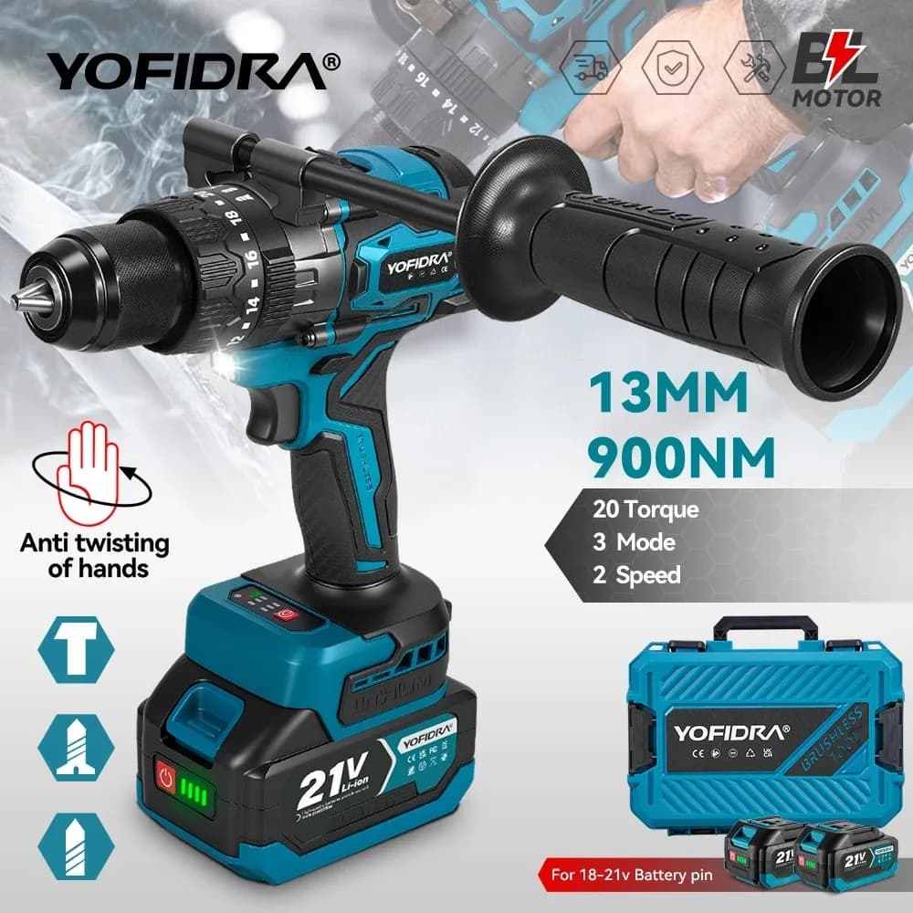 YOFIDRA  Brushless Screwdriver  Electric Impact Drill 900N.M13mm Cordless  Driver Wood Power Tool for Makita 18V Battery Pin