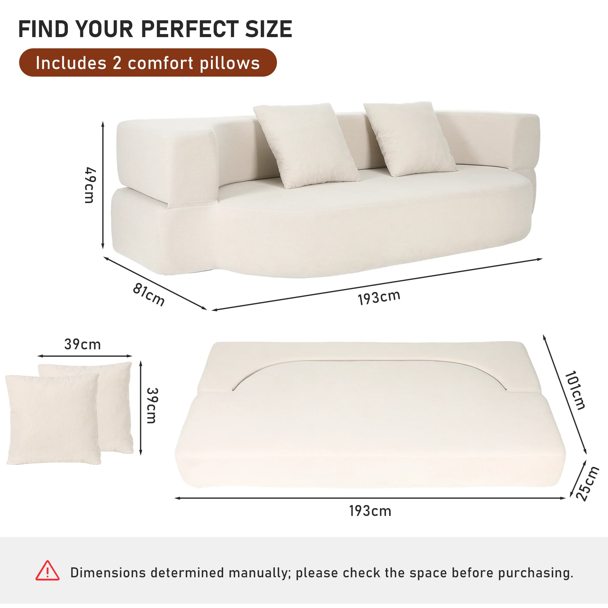 OYAJIA Foldable Frame-less Sofa Bed, Two-Seater, Small Floor Mat, Convertible Sleeping Sofa, Two-Seater Sofa with 2 Cushions, Suitable for Living Rooms and Bedrooms, Off-White/Grey