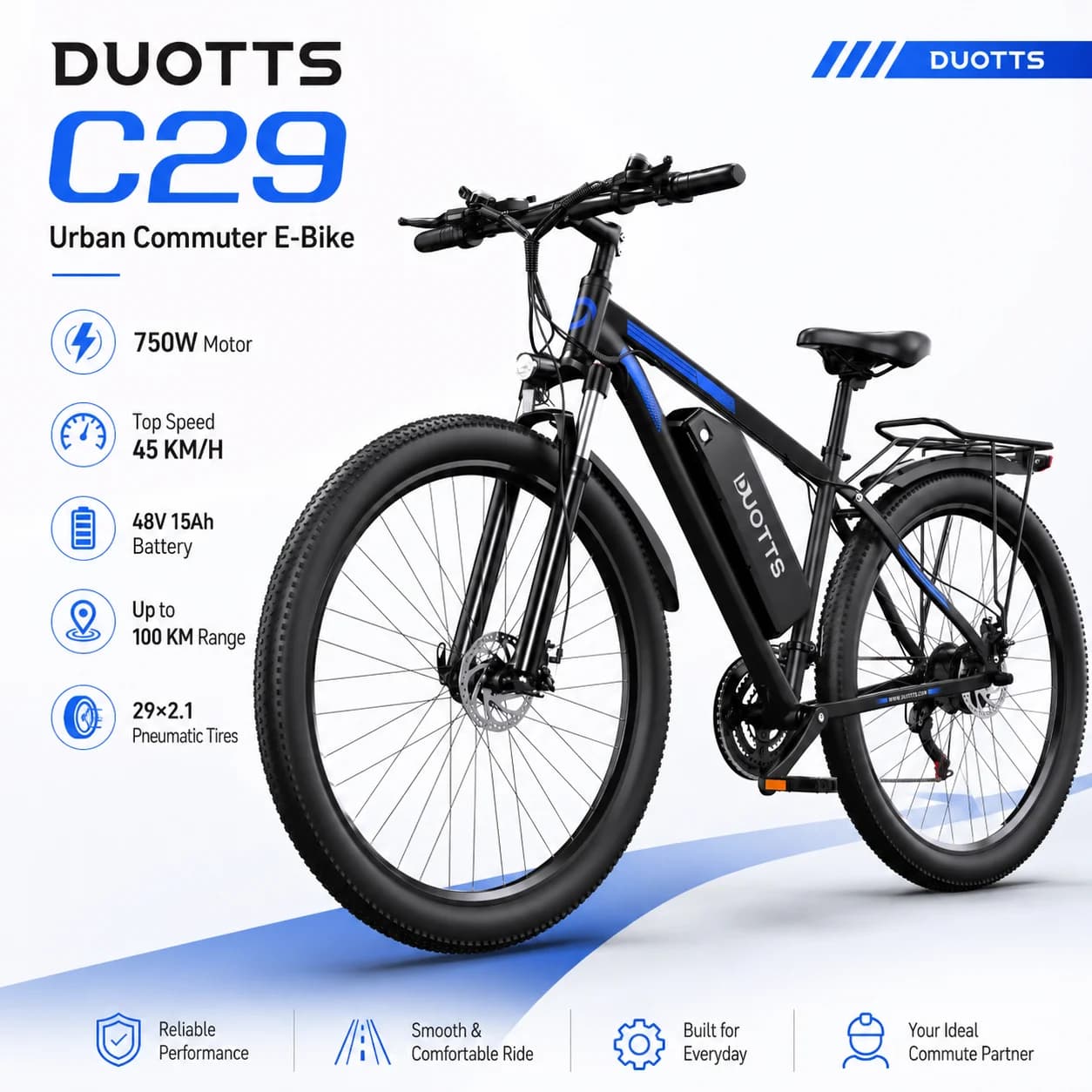 DUOTTS C29 Mountain E-Bike  48V15Ah Battery 29-Inch Pneumatic Tyres Pedal-Assist Riding Up to 100km Electric Road Bike E-Bike