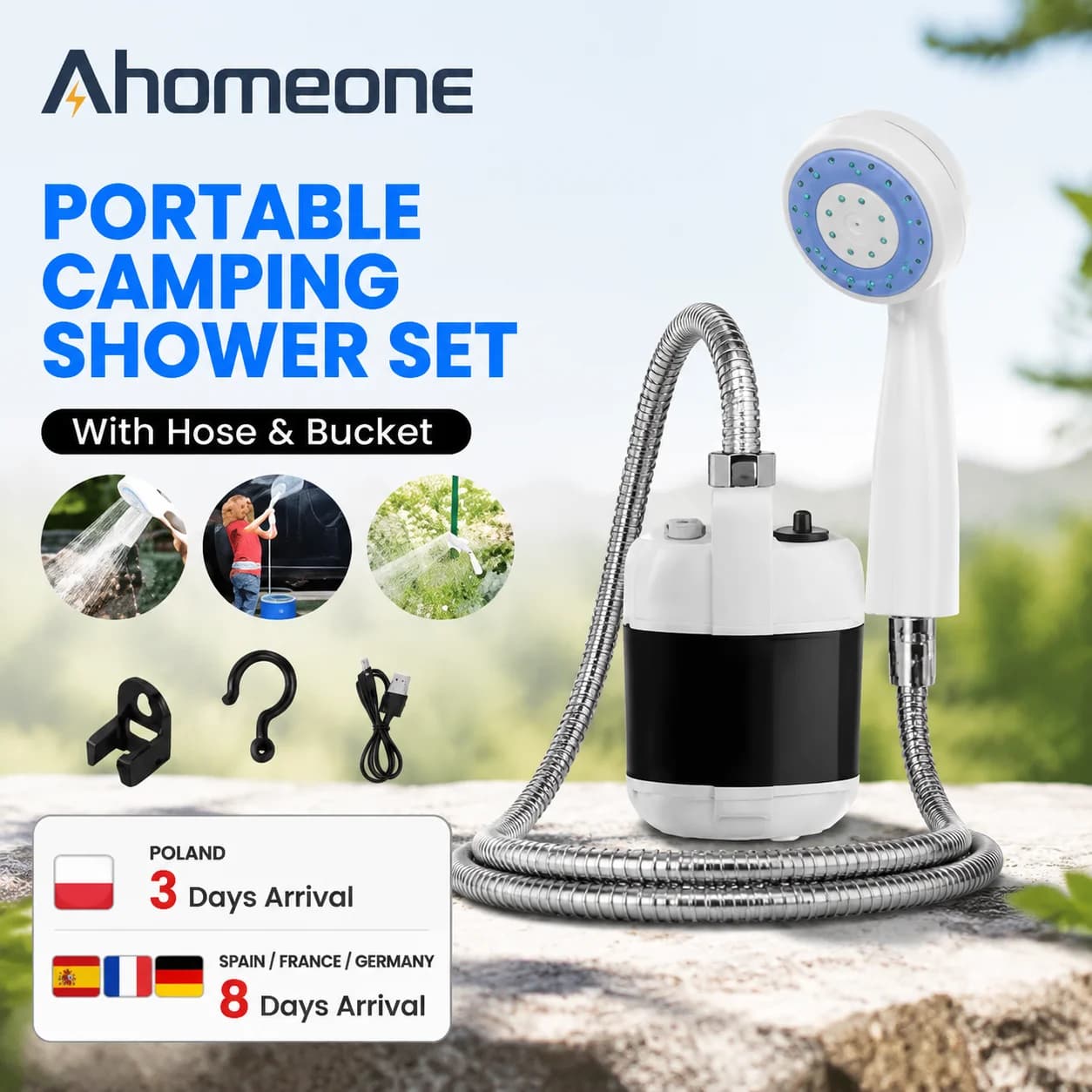 Portable Outdoor Shower  Camping Shower USB Rechargeable Electric Shower Pump IPX7 Waterproof 2200mAh with Suction Cup Hook Adjustable Spray for Outdoor Travel Hiking Beach Car Wash Pet Cleaning Garden Watering
