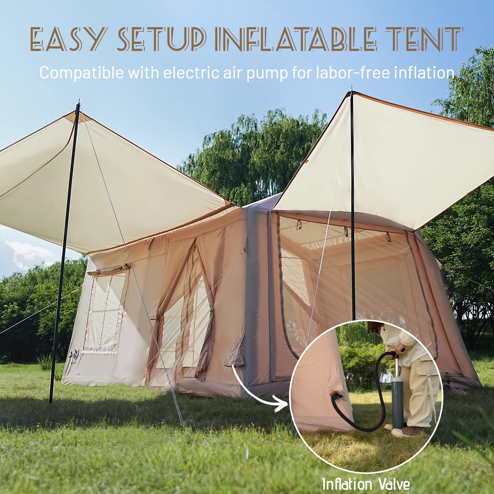 PAKICETUS 10.9㎡ Large Space Inflatable Camping Tent Windproof Sturdy Polyester Fiber Tent Portable Foldable Outdoor Tent for Hiking Backpacking Road Trip Picnic Garden Wilderness Field Camping Outdoor Leisure Activities