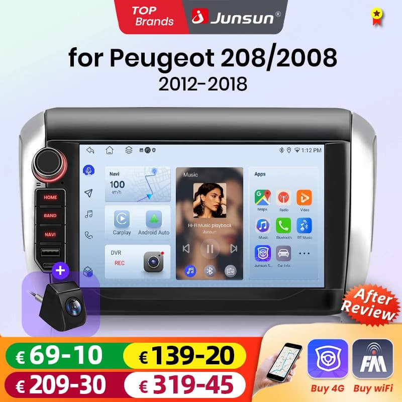 Junsun 8" Wireless CarPlay Android Auto Car Radio for Peugeot 2008 208 2012 2013-2018 Multimedia Wireless Apple CarPlay Smart Intelligent Systems IPS Touch Screen Stereo Video Player 2 Din Autoradio Head Unit Navigation BT GPS 4G WIFI FM AM DSP RDS SWC