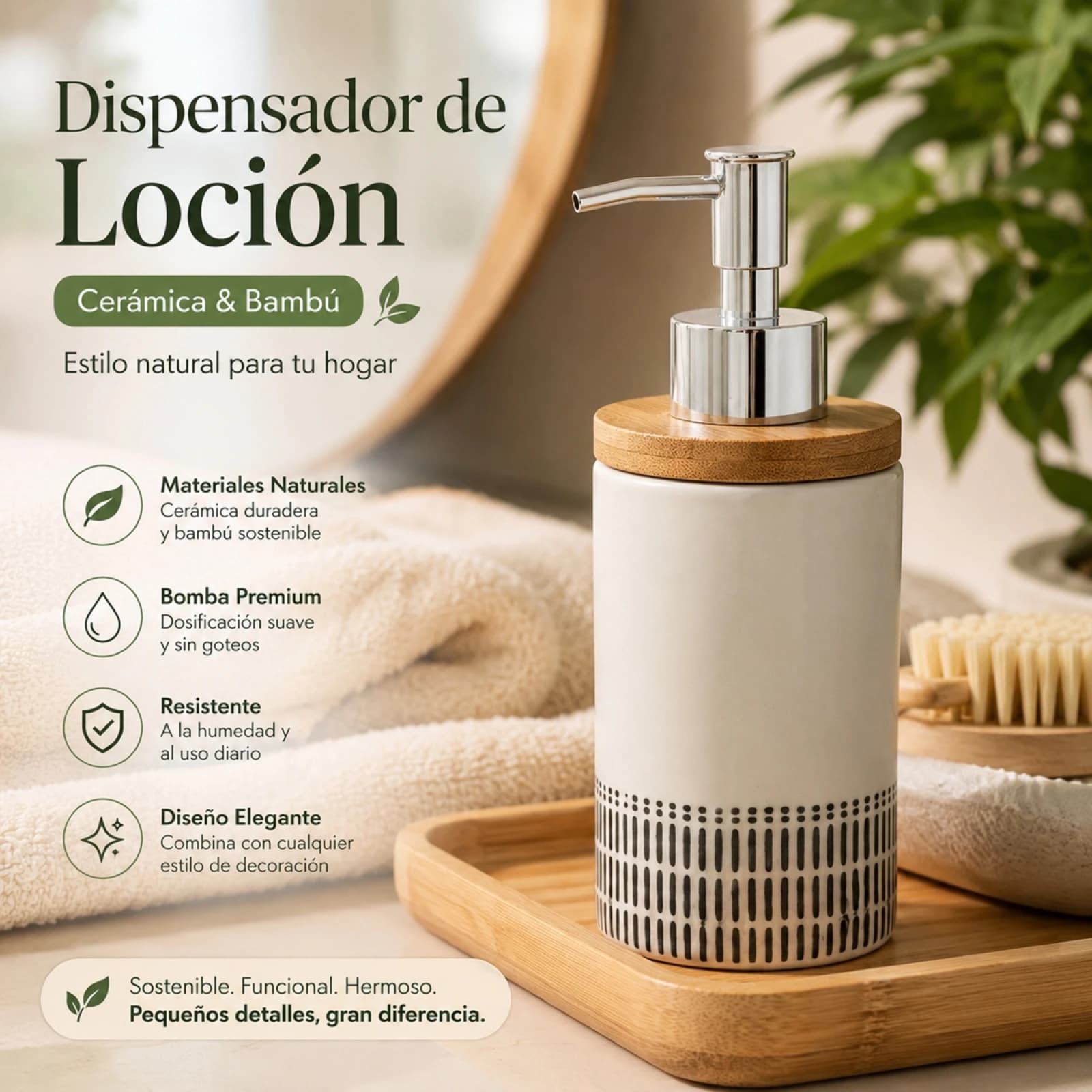 White Ceramic and Natural Bamboo Liquid Soap Dispenser, Lotion Dispenser with Stainless Steel Pump for Bathroom and Kitchen, Minimalist Nordic Design 300ml, 18.5cm