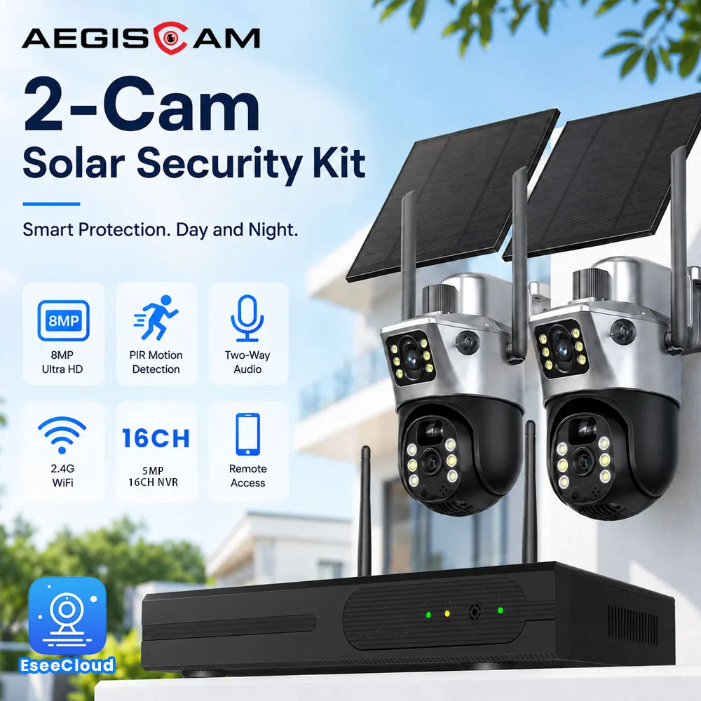 8MP Dual Lens Solar Security PTZ Camera System 2Camera Kit With Dual Antenna 5MP 16CH Wireless NVR PIR Detection Two Way Audio 2.4G WiFi EseeCloud Remote Access IP66 Waterproof Outdoor CCTV Surveillance for Home Yard Garage Garden Farm Property Protection