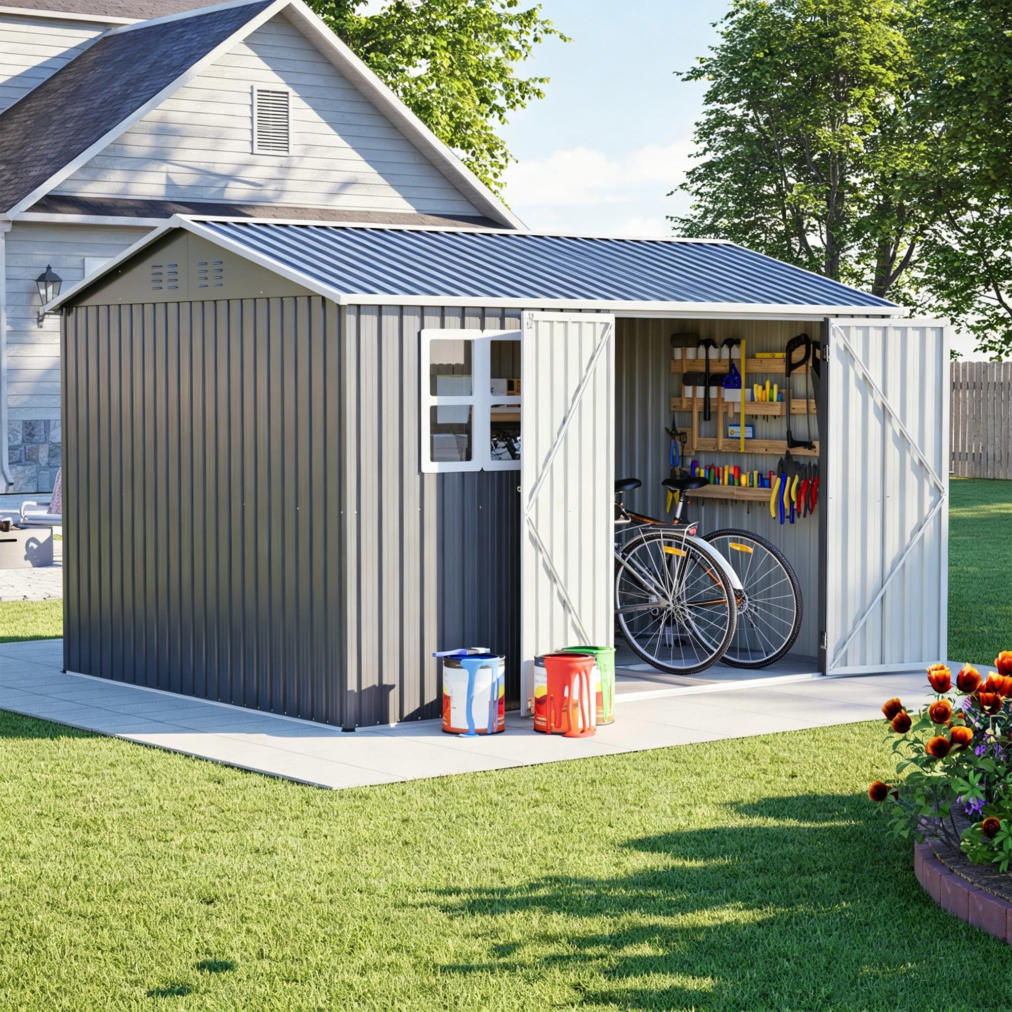 311×230×201cm Premium Outdoor Steel Storage Shed With Window & Lockable Double Doors, Heavy Duty Weather Resistant Tool House With Reinforced Frame, Rust-Proof Metal Panels For Secure Backyard And Garden Storage