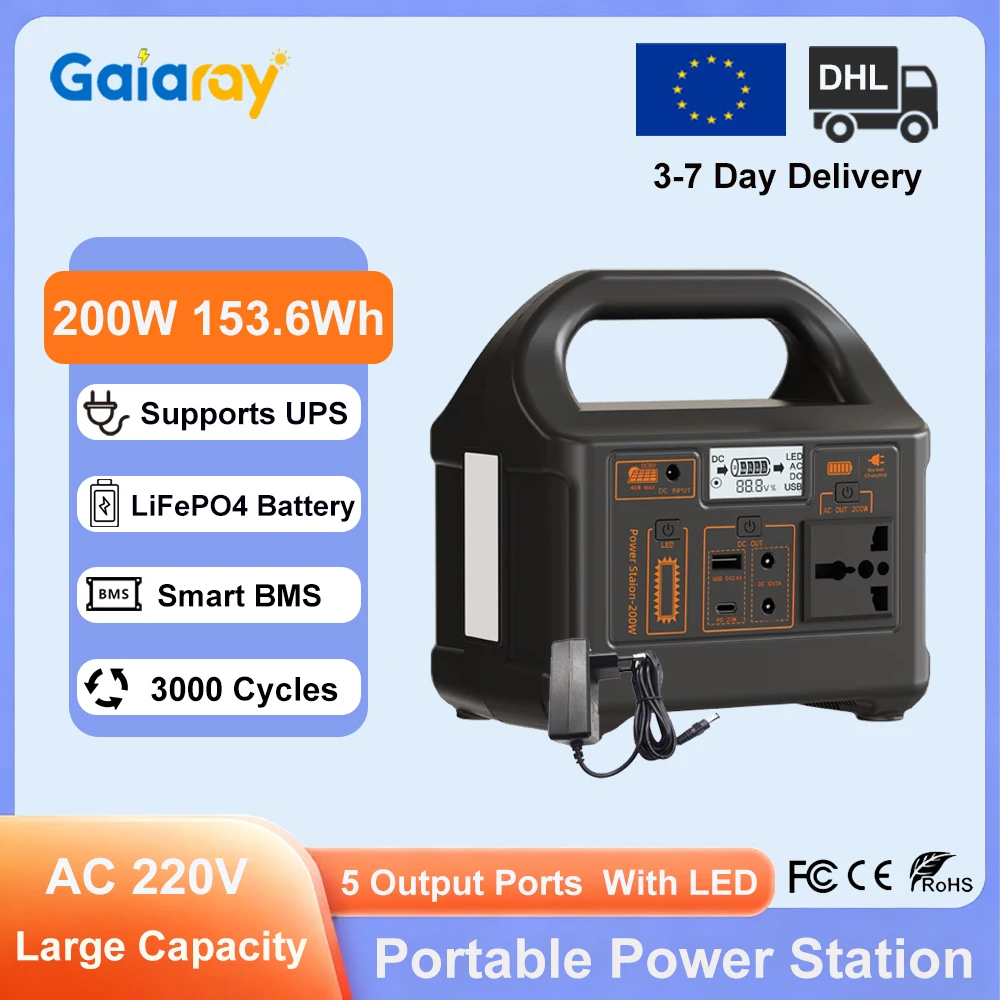 Gaiaray 200W Portable Power Station 153.6Wh LiFePO4 Battery Solar Generator AC 220V UPS Power Bank for Home Backup Power Camping
