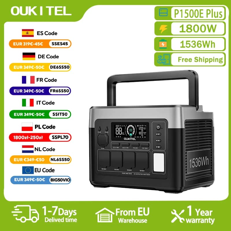 OUKITEL P1500 Plus Portable Power Station, 1800W 1536Wh Outdoor Generator, 4000 Cycles LiFePO4, APP Control