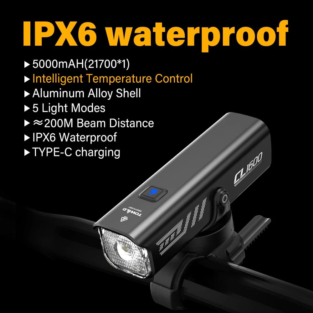 TOWILD CL1600 Bicycle Lights 5000mAh Rechargeable Led Bike Light IPX6 Aluminum Front Lamp 1600LM MTB Road Cycling Headlights
