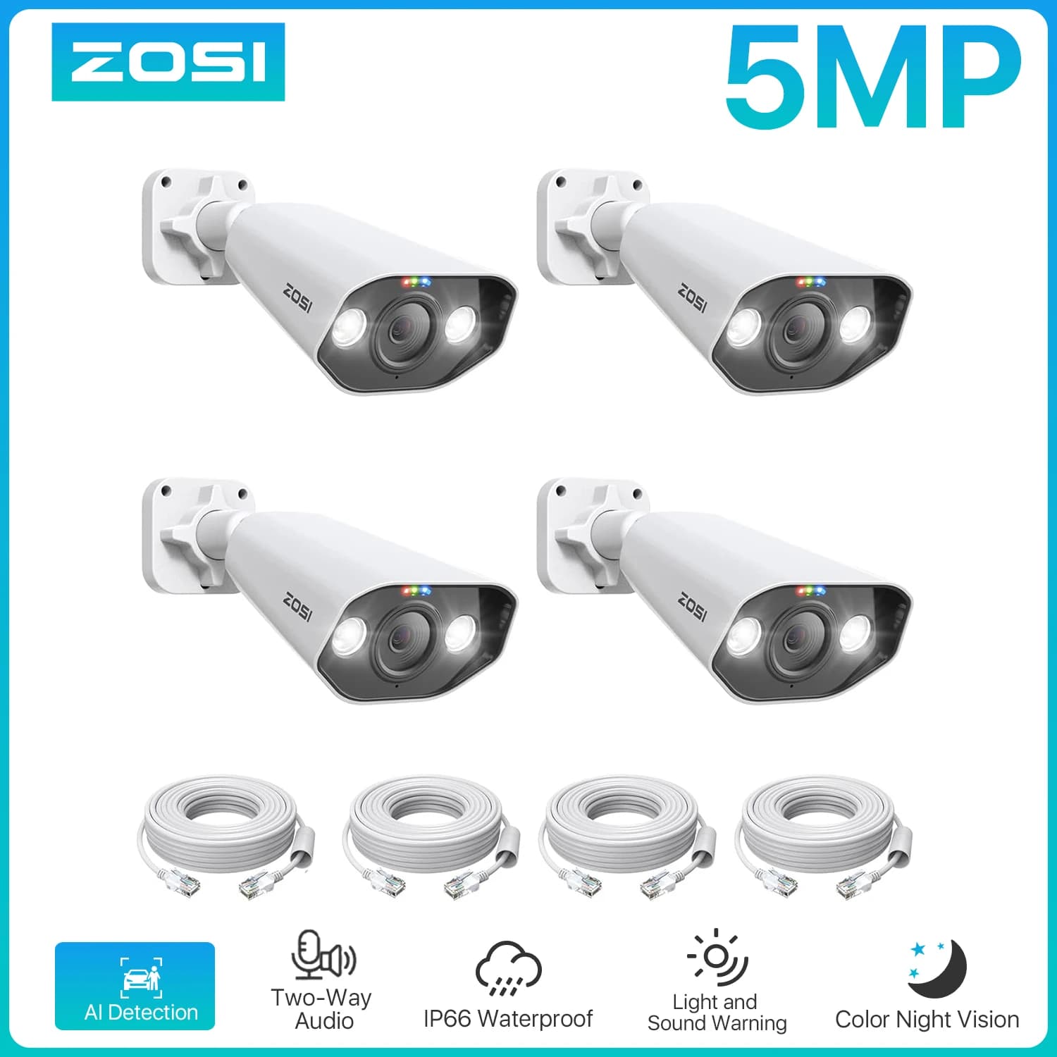 ZOSI 5MP Add-on PoE Security Camera Outdoor Indoor 2-Way Audio Color Night Vision Only Work with ZOSI 8CH 16CH PoE NVR