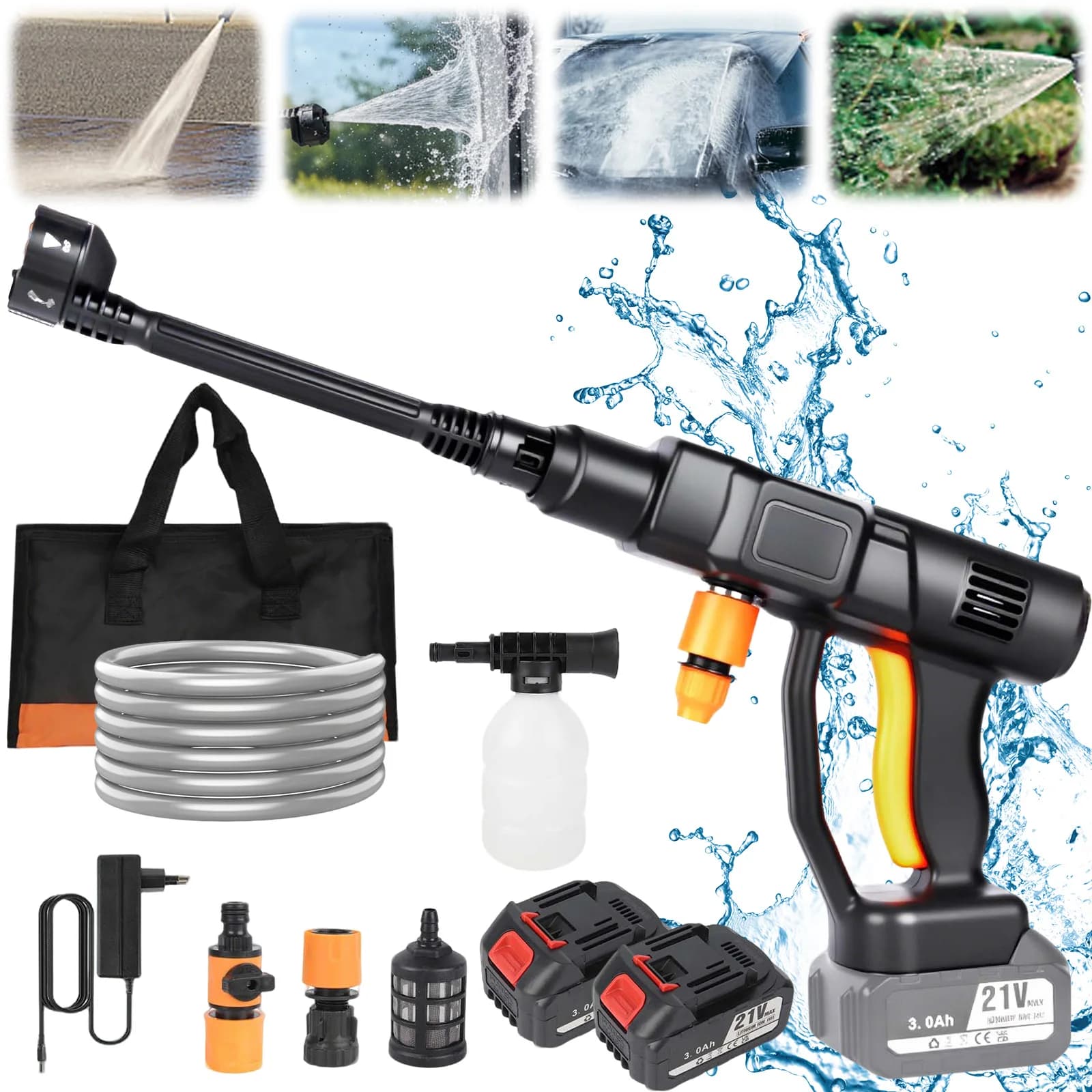21V Portable Cordless Power Washer Gun, Portable Pressure Cleaner with 2 Batteries & 5M Hose, 150Bar High Pressure Cleaner Garden Patio Outdoor Cleaning