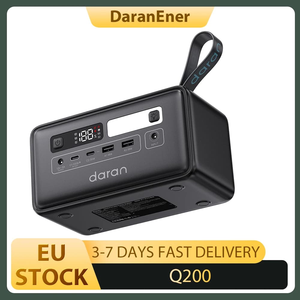 DaranEner Q200 Portable Power Station, 192Wh LiFePO4 Battery, 100W Bidirectional USB-C, Dual 18W USB-A, 60W DC Output, 100W Input, 60W Solar Input, LED Light, for Camping & Outdoor Use