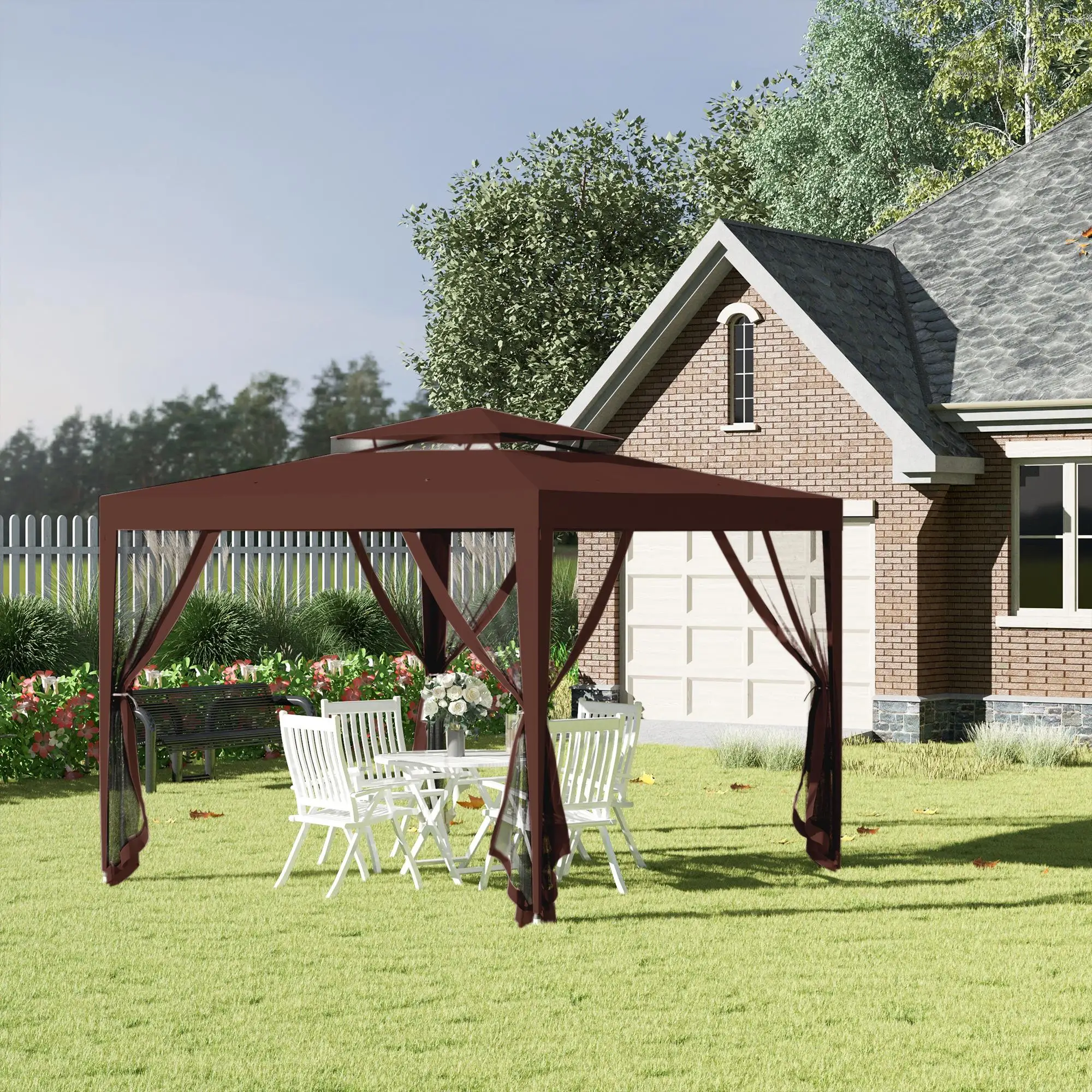 Gazebo-Jardin 3x3m Brown with 4 mosquito nets Double roof 268cm high, PU polished metal frame incl. 8 piles