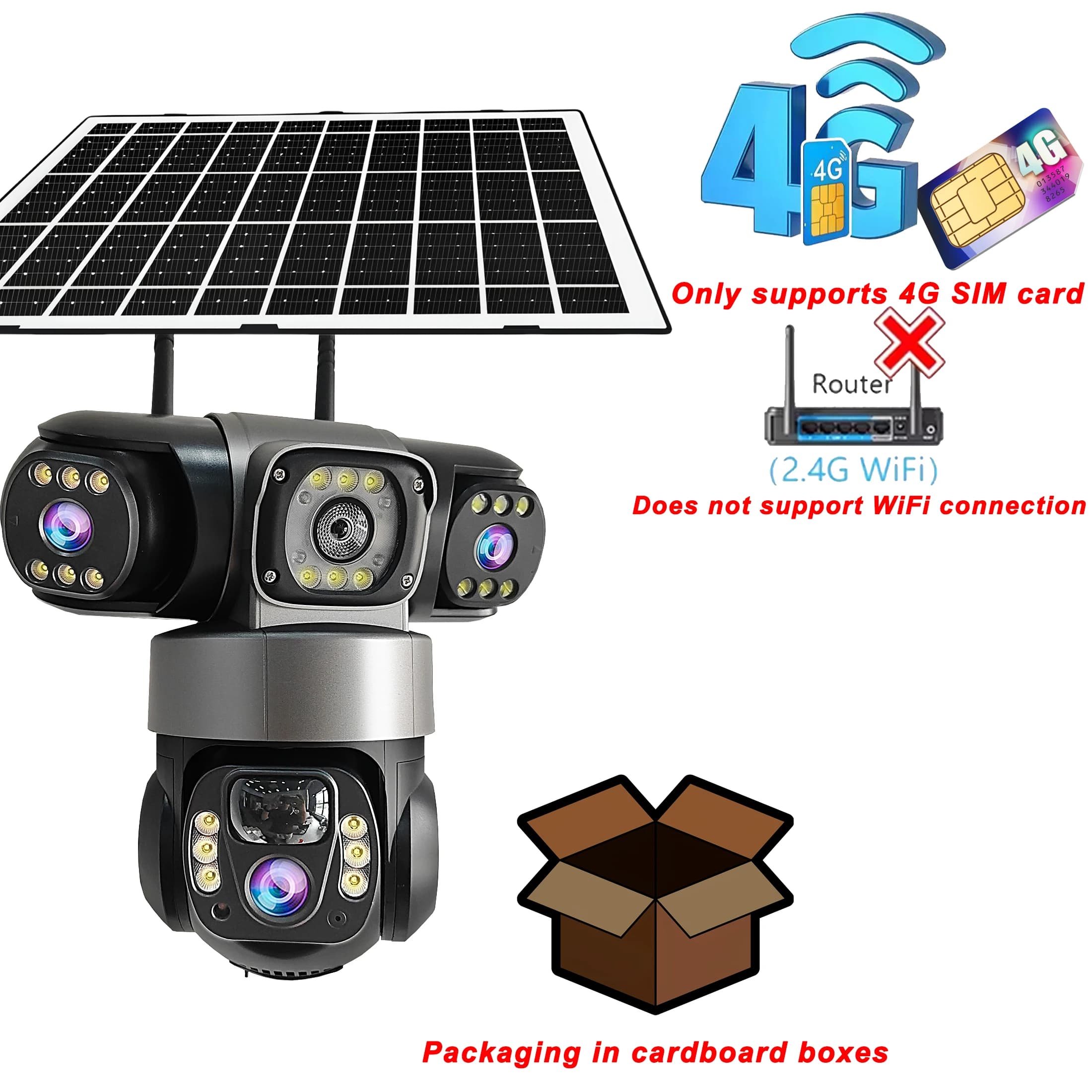 V380 15MP 8K Three Lens PTZ IP Camera Outdoor IP66 Waterproof HD Three Screen 4G SIM Camera Solar Camera PIR Auto Tracking Built-in Battery Camera, PIR Human Detection, Alarm Notification, Mobile Phone Application Connection, Email Alert, Video Playback