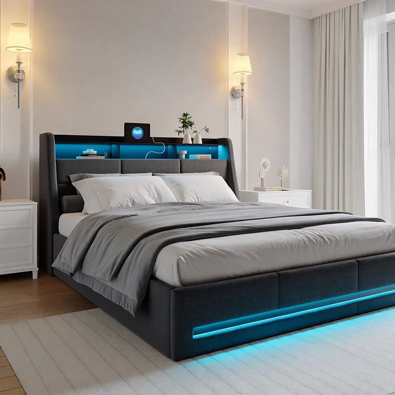 Compact trunk bed 140x cm gray, slaty box, with LED and Storage, Studio space-free Solution