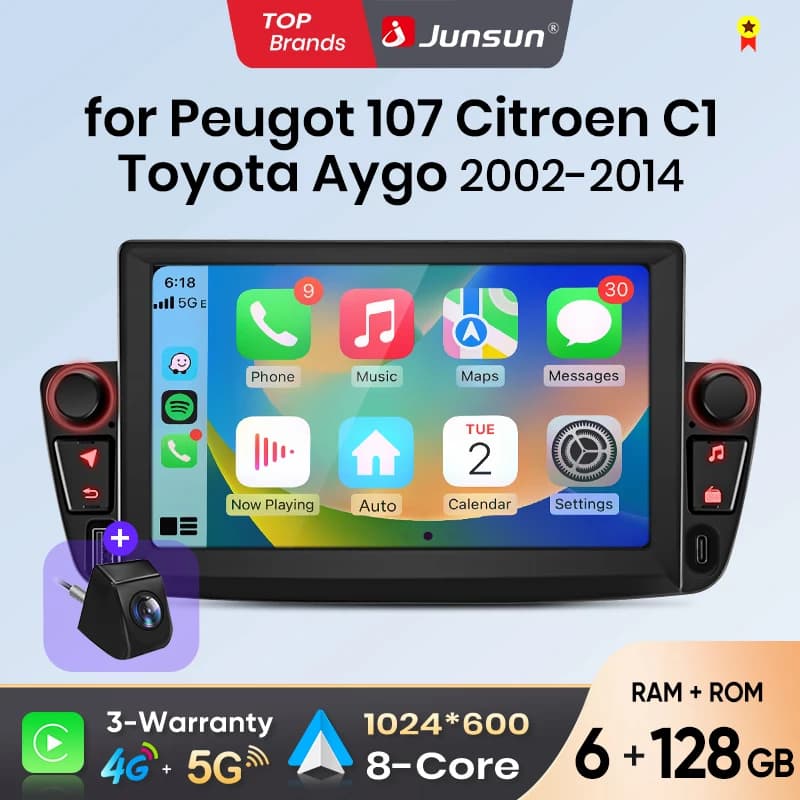 Junsun 7" Wireless CarPlay Android Auto Car Radio for Peugeot 107 Toyota Aygo Citroen C1 2005-2014 Multimedia Wireless Apple CarPlay Smart Intelligent Systems IPS Touch Screen Stereo Video Player 2 Din Autoradio Head Unit Navigation BT GPS 4G WIFI FM SWC