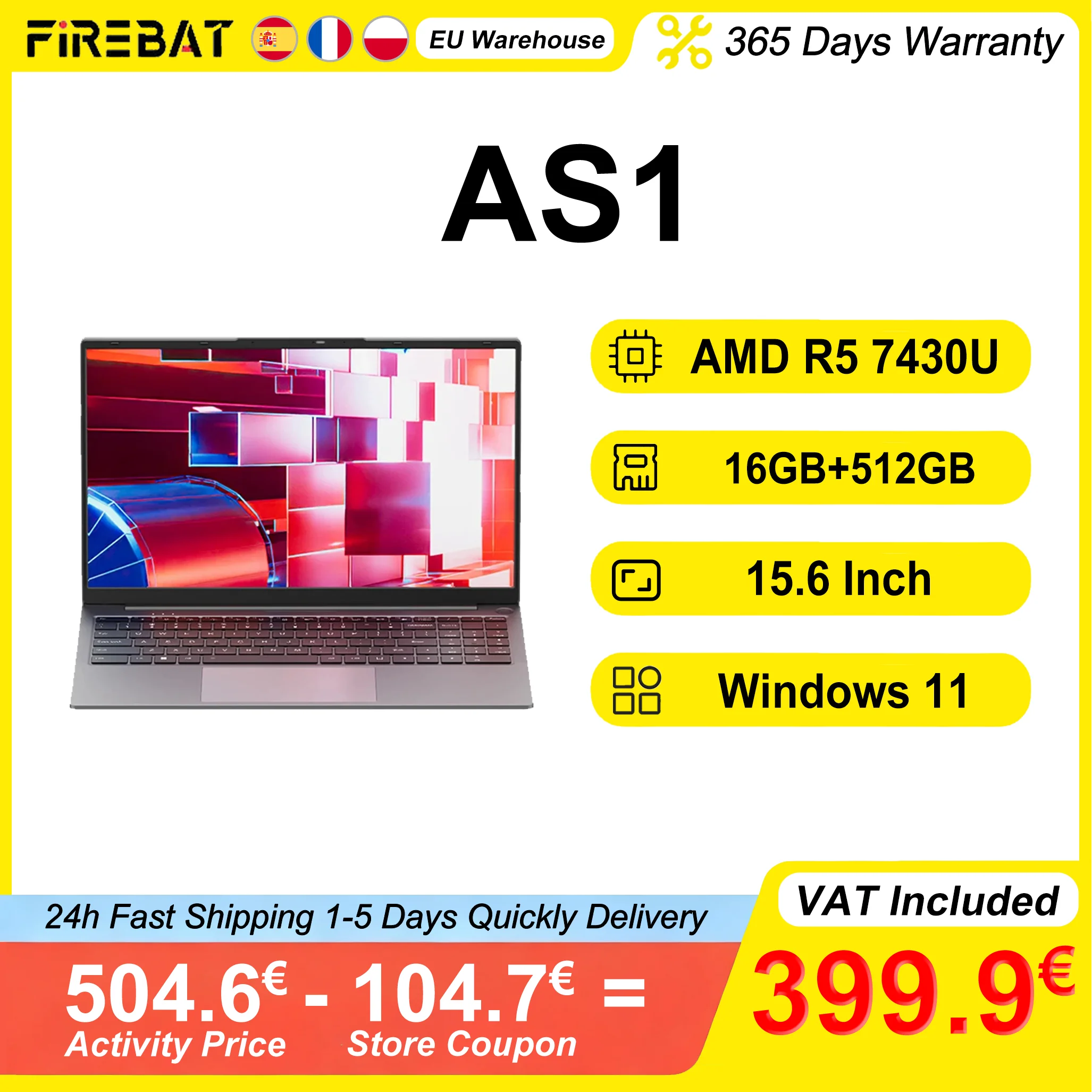 FIREBAT AS1 Laptop 15.6 Inch AMD R5 7430U 16GB DDR4 RAM 512GB SSD IPS Windows 11 Type-C WIFI6 Full-size Keyboard Notebook