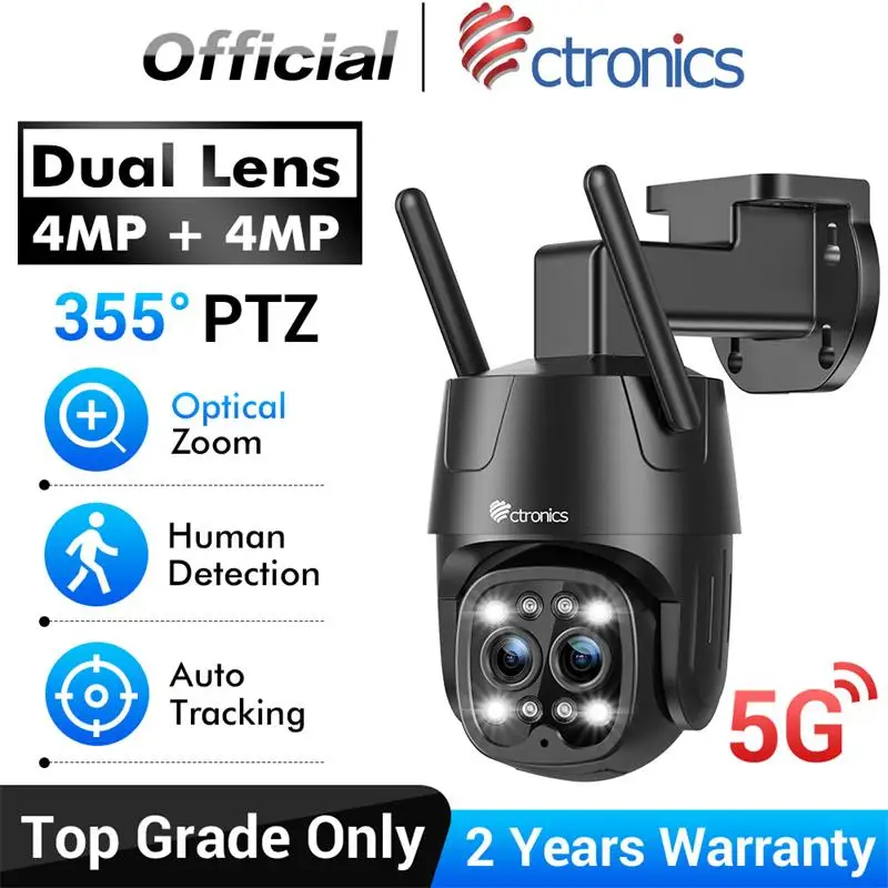 Ctronics Surveillance WiFi Camera Dual Lens Optical Zoom Outdoor 360 PTZ Security Camera Human Auto Tracking Color Night Vision