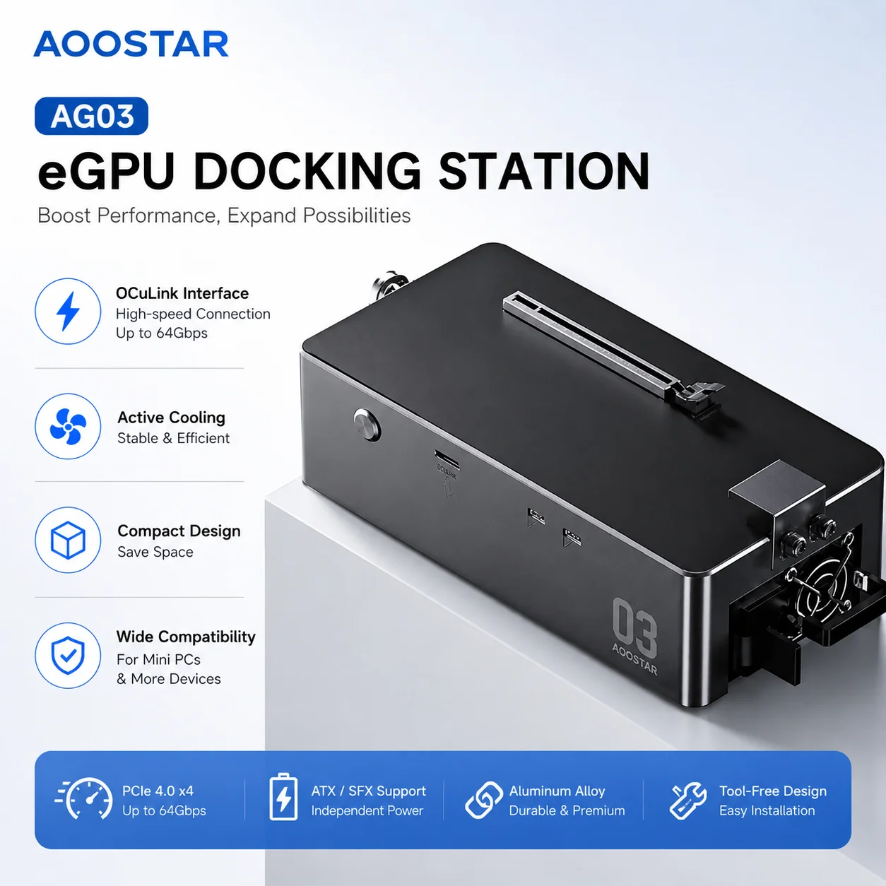 AOOSTAR AG03 GPU Dock USB4 V2.0 Thunderbolt 5 80Gbps Graphics Card Dock Built-In 800W Power 140W Reverse Charge for Laptop