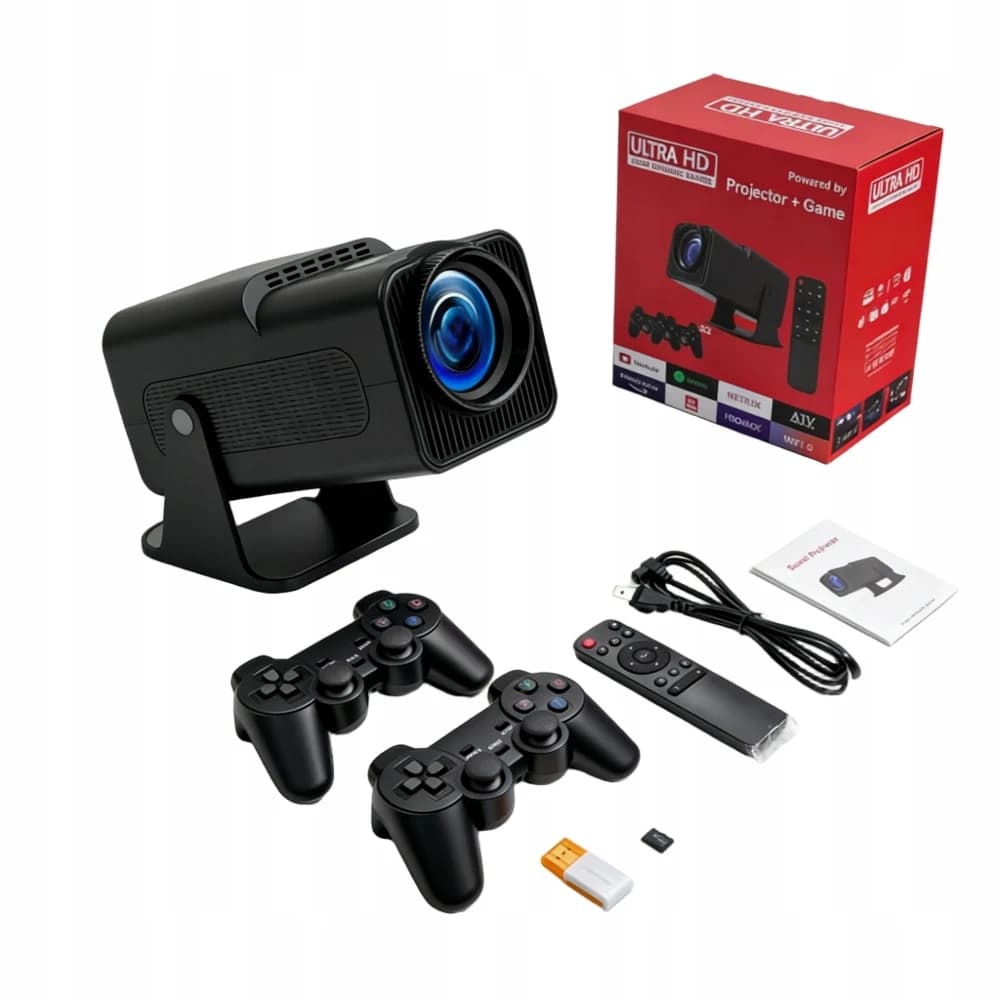 Round LED Projector 4K Portable with 2 Gamepads Android WiFi Remote Control Home Cinema Projector