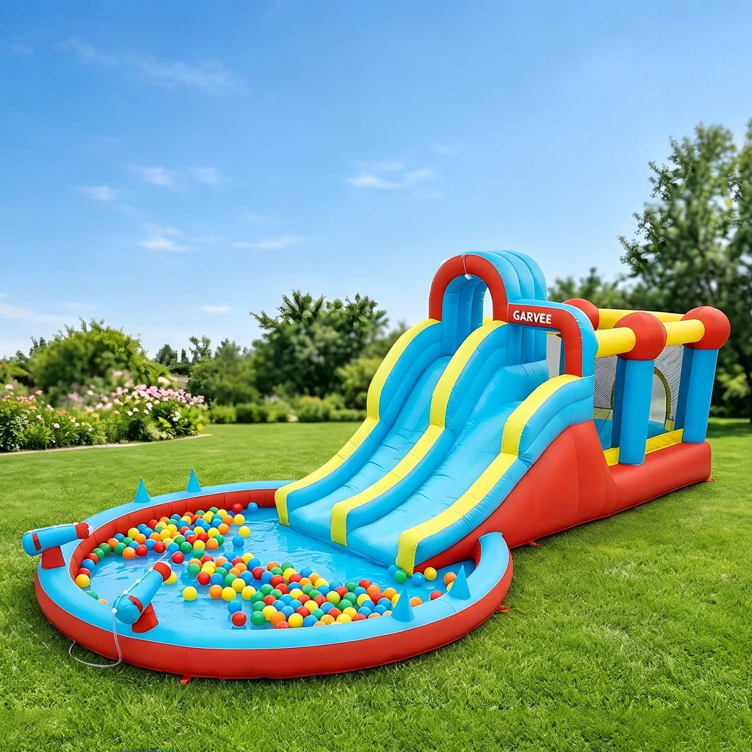 23FT All-Season Inflatable Water Slide Park, Kids Bounce House with Slide, Water Squirter, Climbing Wall and Pool for Backyard Outdoor Use
