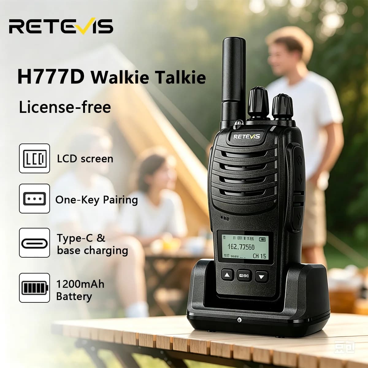 Retevis H777D (H777Upgraded) Walkie Talkie PMR/FRS Portable License-Free LCD Display Two Way Radio Long Range Type-C for Camping