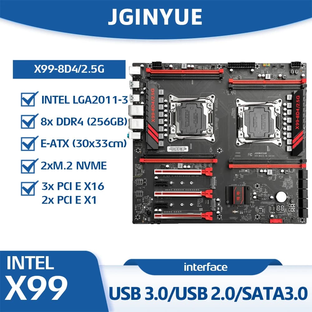 X99 LGA 2011-3 Dual CPU Mainboard, E-ATX Server Motherboard Kompatibel mit Intel E5 V3 V4 Serie CPUs, DDR4 Max 256GB, NVME/NGFF M.2, PCIe X16, Gigabit LAN