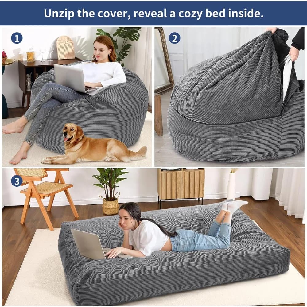 Garvee 2-in-1 Corduroy Bean Bag Chair Bed, Giant Convertible Lounger with Shredded Memory Foam, Folds into Full-Size Guest Mattress (190x135x25cm), Washable Cover & Side Pockets for Living Room & Dorm
