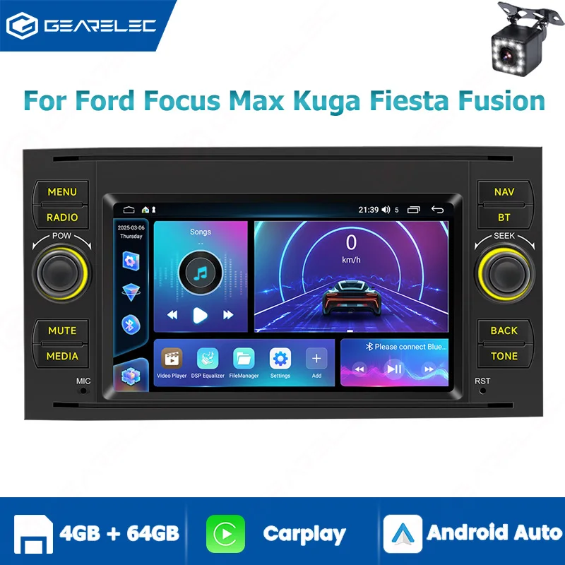Car Radio for Ford Focus, Max, Kuga, Fiesta, Fusion; CarPlay, Android Auto, 7-inch, 2-DIN, GPS, Wi-Fi, Android 14; Car Stereo Multimedia Player