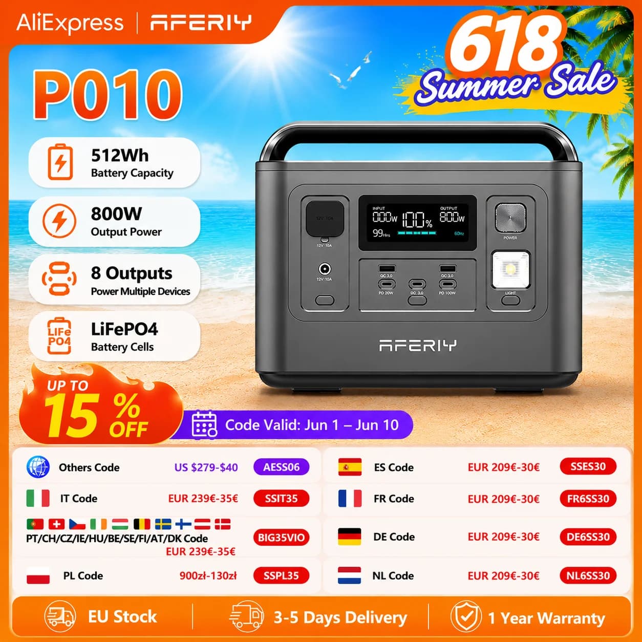 AFERIY P010 800W 512Wh Portable Power Station 8 Outputs 1.5H Full Charge 3500+ Cycles Lifepo₄ Battery Outdoor Generator Eu Plug