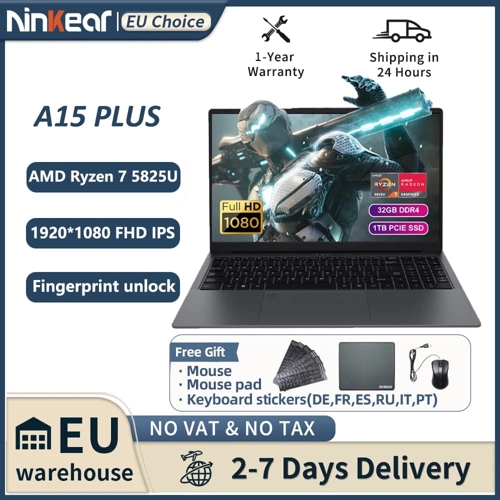 Ninkear A15 Plus Laptop, AMD Ryzen 7 5825U, 15.6" FHD IPS Display, 32GB DDR4 RAM, 1TB PCIe SSD, 57Wh Battery, Fingerprint Unlock, Backlit Keyboard, WiFi
