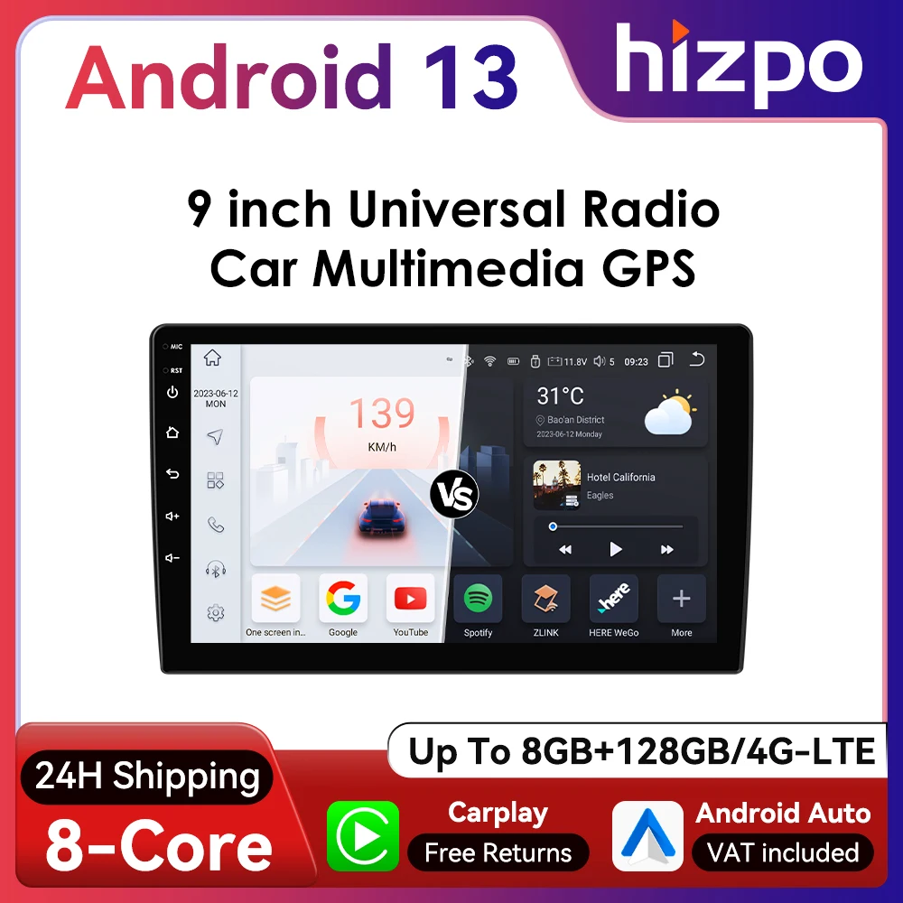 Hizpo 2Din 9inch/9.7inch Universal Android Car Radio Intelligent Multimedia Player Wireless CarPlay RDS DSP GPS Navigation 4G WiFi Bluetooth UIS7862 Snapdragon 6115 Headunit