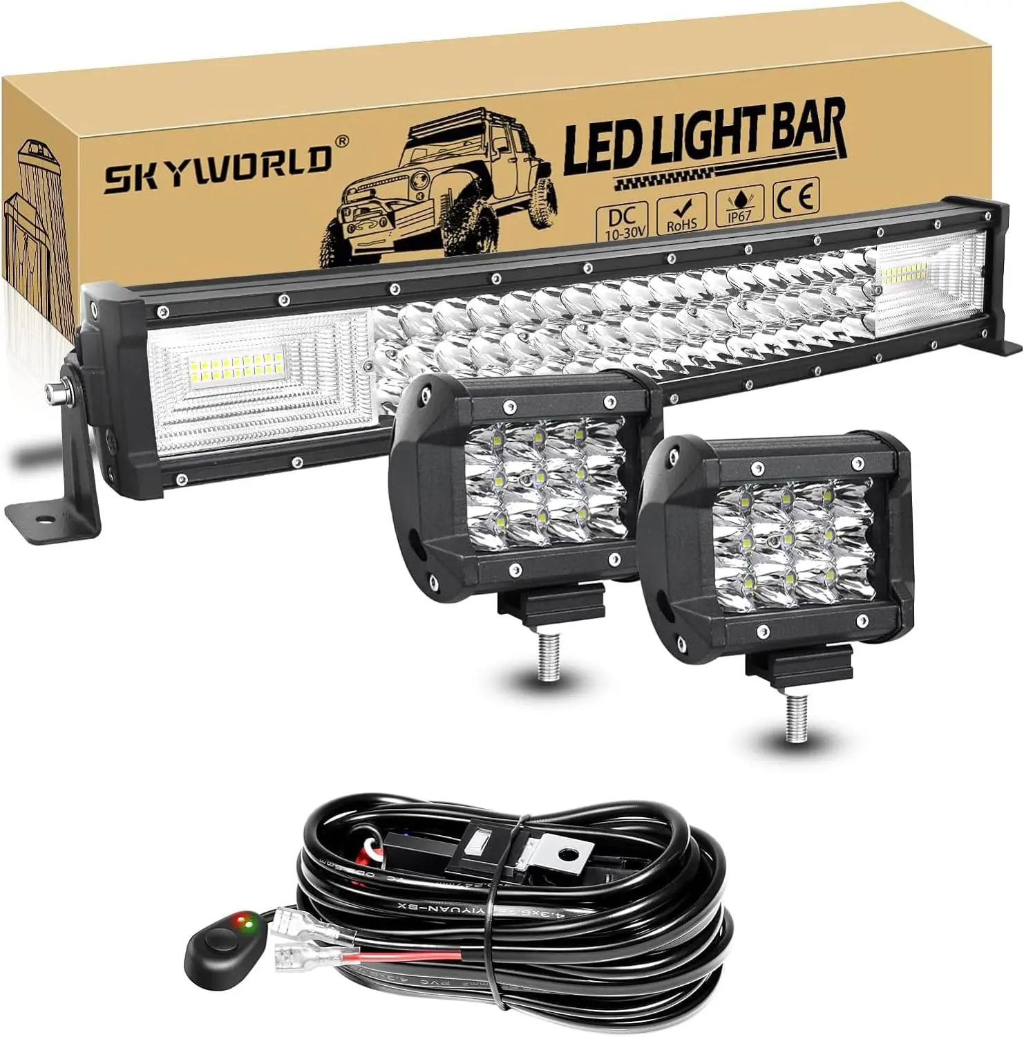 7D 22 - 52in Curved 270W-675W Off Road LED Light Bar with 2x36W Work Light Wire Kit 12V 24V Led Bar for Car Jeep Truck 4x4 Boat