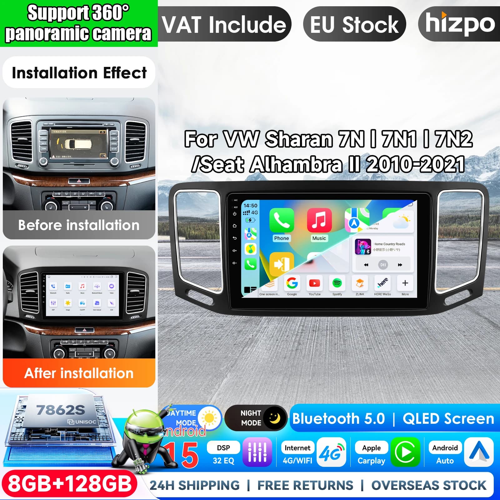 Hizpo 9 inch Car Radio For VW Sharan 7N 7N1 7N2 2010 - 2021 For Seat Alhambra ll Wireless Carplay Android Car Multimedia Video Player 2 DIN Radio Autoradio GPS Stereo Smart Intelligent Systems IPS Touch Screen Head Unit Navigation BT GPS 4G WIFI FM AM DSP