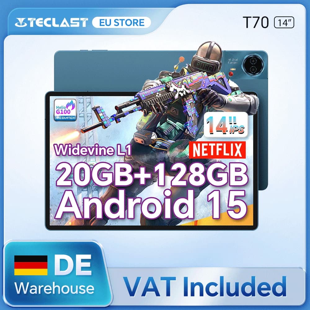 Teclast T70 2026 14" Tablet MTK G100 20GB (8GB+12GB Expansion) RAM 128GB ROM 4G LTE 10000mAh 18W Fast Charging GPS Android 15 Gemini AI