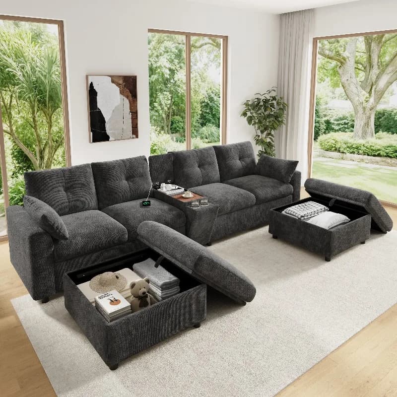 Modular 6-Seater U/L-Shape Sectional Sofa with 2 Storage Ottomans, Console with Shelf, Flip-Up Storage, Retractable Cup Holders, USB/Type-C Ports, Chenille Fabric, Grey
