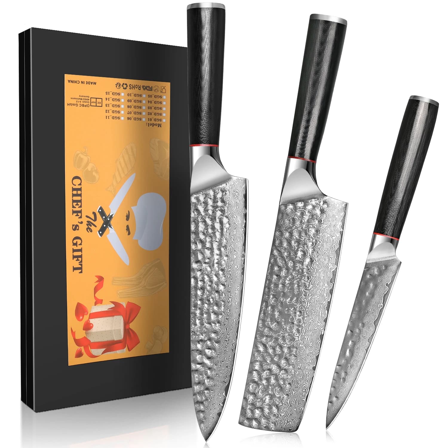3pcs Kitchen Knife Set,Damascus VG10 Steel Chef's Knife Set,for Meat & Fish Slicing,Professional Kitchen Knife,Ergonomic Handle