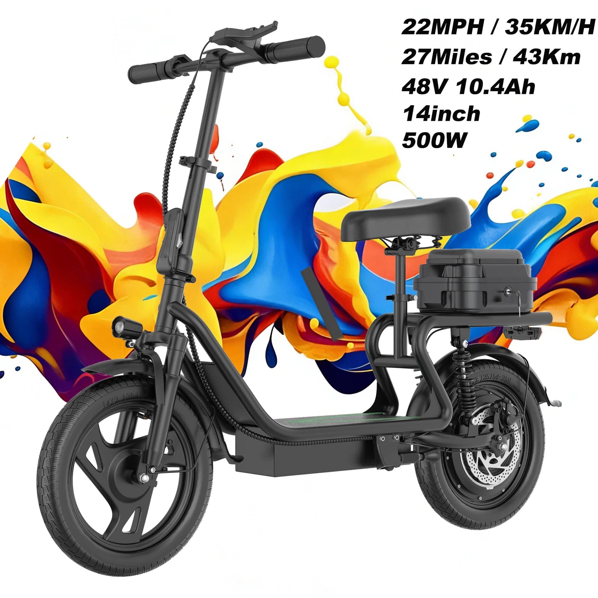 ESBS 14 Inch 500W Motor  Foldable Electric Scooter Bike 48V 22.5Ah Lithium Battery 22MPH Max Speed 40 Miles Range Adult City Commuter Electric Bicycle with Seat & Rear Storage, Disc Brake Suspension EU Stock