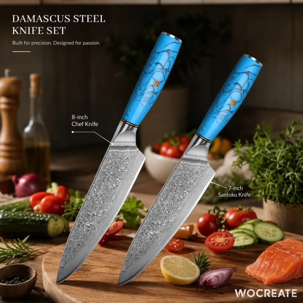 Damascus VG10 Steel Kitchen Knife 2pcs Set, 8-inch Chef's Knife + 7-inch Santoku Knife, Turquoise Anti-slip Handle, Meat Cleaver Slicing Knife