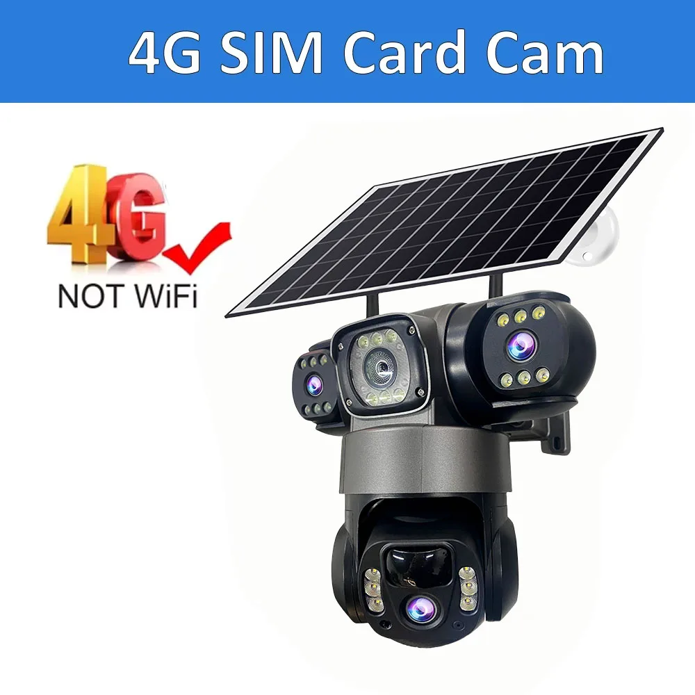 15MP 3 Lens 3 Screen 4G SIM Solar Camera Outdoor Monitoring Wireless CCTV PTZ IP66 Safety Solar Panel Camera Home Camera V380