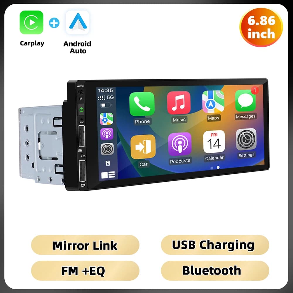Podofo 1Din MP5/Android Car Radio 2 + 64G 4Core Multimedia Player Carplay Android Car Bluetooth Mirrorlink FM 6.86 ''Car Stereo