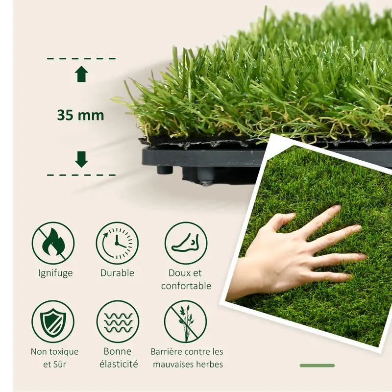 Artificial Synthetic Grass Set of 10 Tiles 30 X 30 cm Comfort Thickness 3.5 cm Interlocking Green
