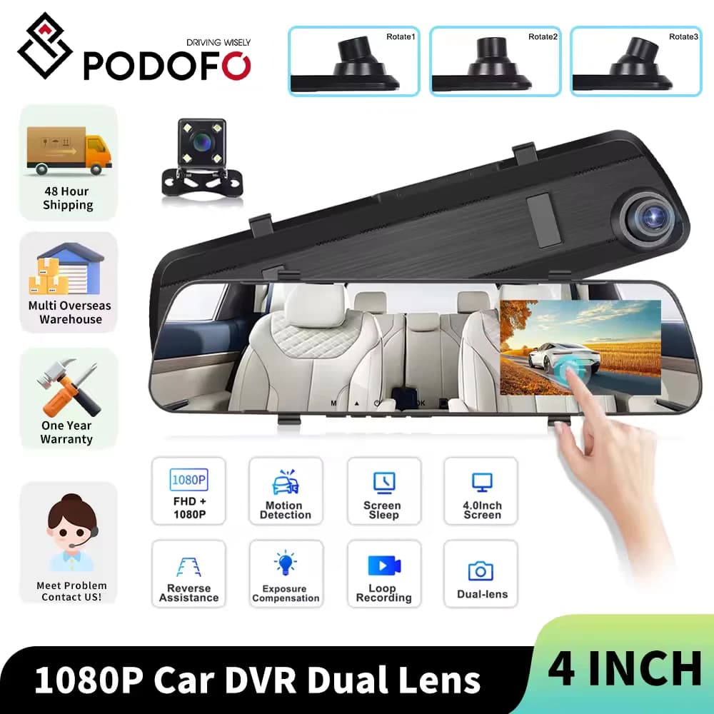 Podofo 4" Car DVR With Led Display Motion Detection Loop Recording Car Mirror Recorder Reverse Assist Car Video Recording