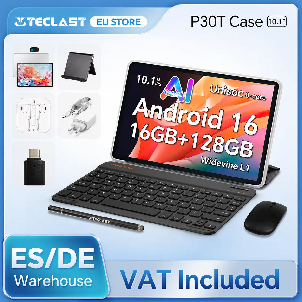 Teclast P30T Set 10.1" Tablet Android 16 Unisoc 8-core Max 16GB(3GB+13GB Expansion) RAM 128GB ROM 6000mAh Keyboard/Case/Mouse/Stylus/Headphone/Stand