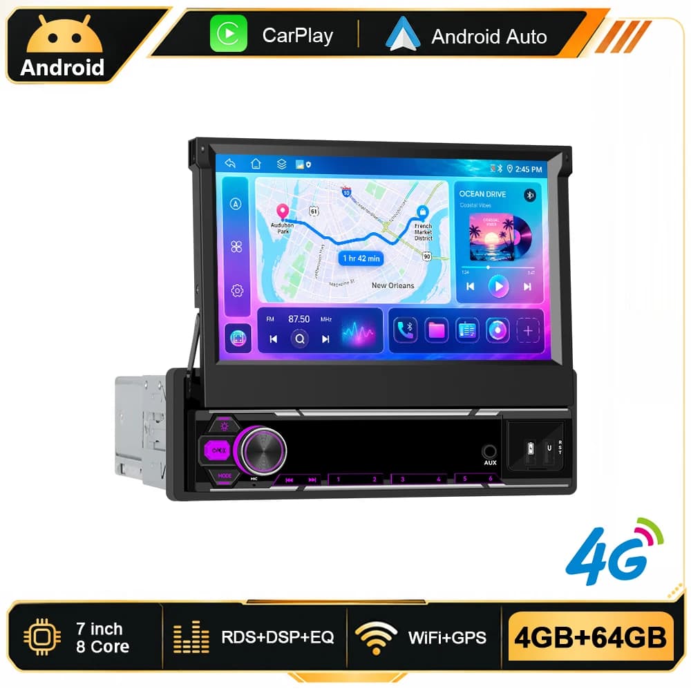 Podofo 7" 1 Din 6+128G Android Car Radio 4G Manual Telescopic Screen Wireless CarPlay Android Auto Car Intelligent System GPS Navigation WiFi Car Video Multimedia Player FM RDS USB Autoradio