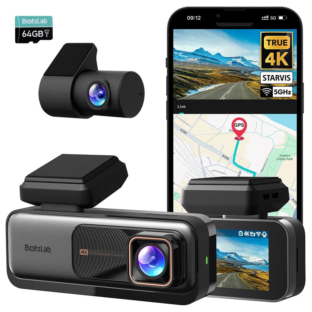 Botslab G980H  4K+2K Dual Dash Cam with SONY Sensors, Voice Control, ADAS, GPS, 5.8GHz WiFi, 64GB Card, 24/7 Parking Mode