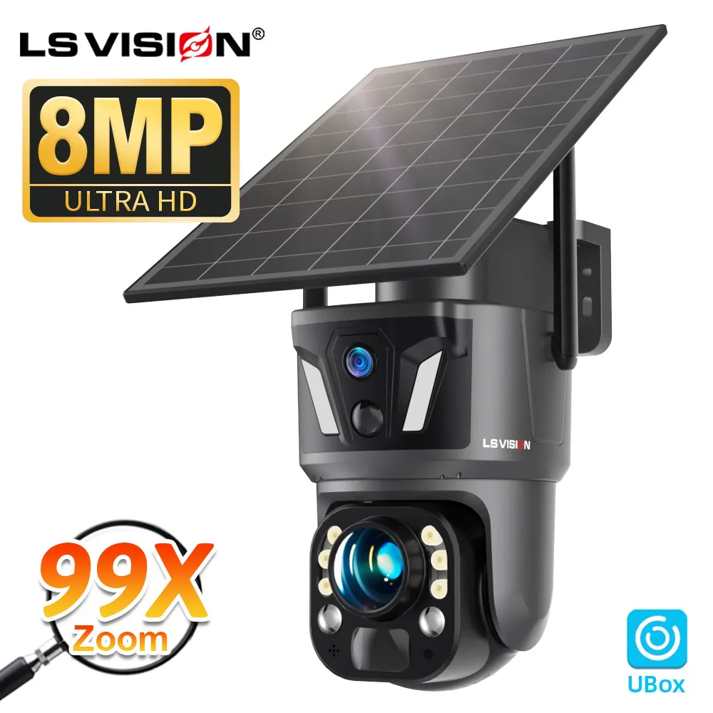 LS VISION 4K 99X Zoom Dual Screen 4G Solar Camera Outdoor WiFi PTZ Dual PIR Detection Auto Tracking Smart Linkage Security Camera Ubox App with 9W Solar Panel
