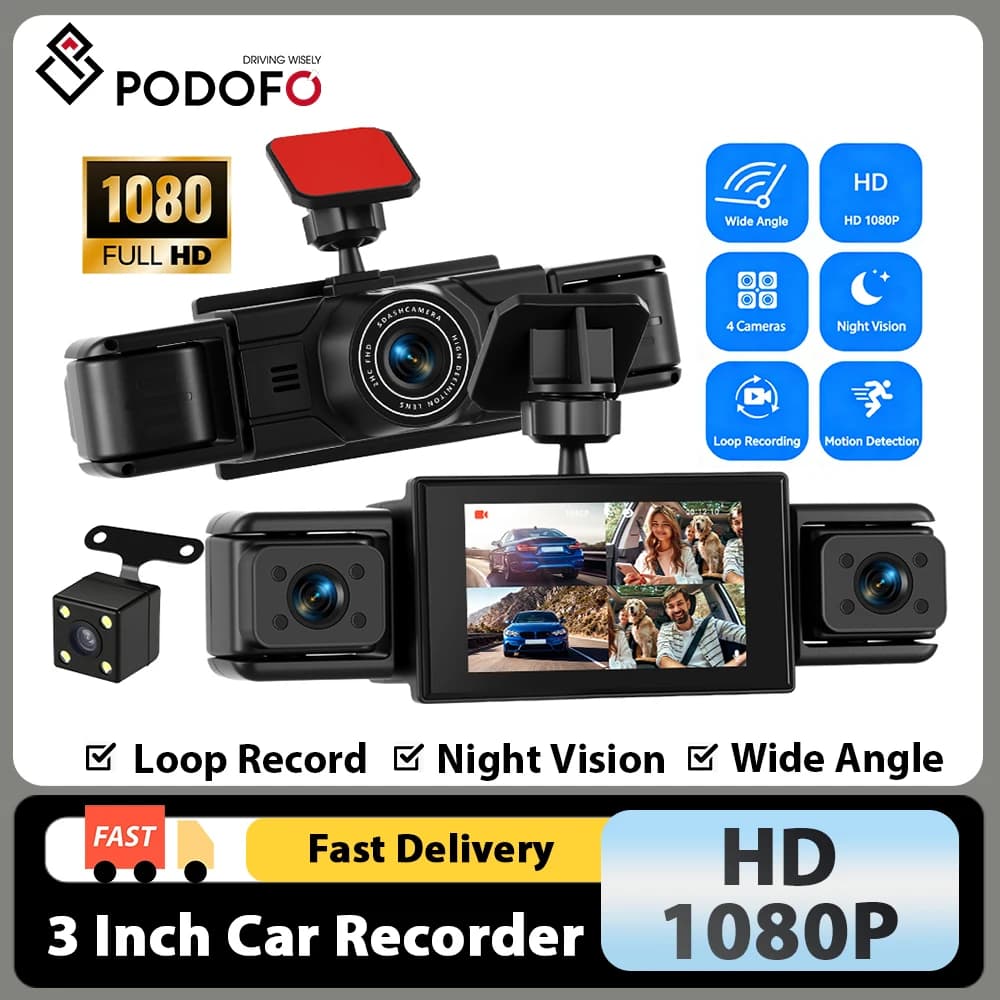 Podofo 3inch 1080P Car DVR Camera with Four Lens HD Car Recorder Support Motion Detection Night Vision Loop Recording Dash Cam